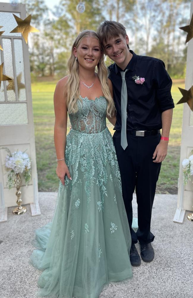 Tahlee Deserio and Jasper Yallowley arrive at the 2024 Gympie State High School graduation formal.