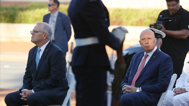 Scott Morrison and Defence Minister Peter Dutton attended a service for military nurses in Canberra. Picture: NCA NewsWire / Gary Ramage