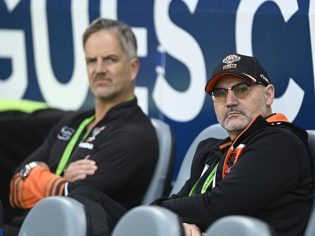 TOWNSVILLE, AUSTRALIA - JULY 01: West Tigers Board Director Lee Hagipantelis and CEO Justin Pascoe look on before the start of the round 18 NRL match between North Queensland Cowboys and Wests Tigers at Qld Country Bank Stadium on July 01, 2023 in Townsville, Australia. (Photo by Ian Hitchcock/Getty Images)