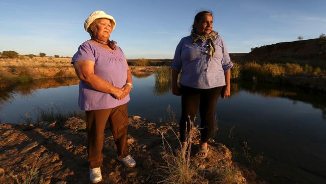 Adnyamathanha women Regina McKenzie and Enice Marsh are worried about a proposal for a nuclear waste dump in the Flinders Ranges. Picture: Kelly Barnes/The Australian