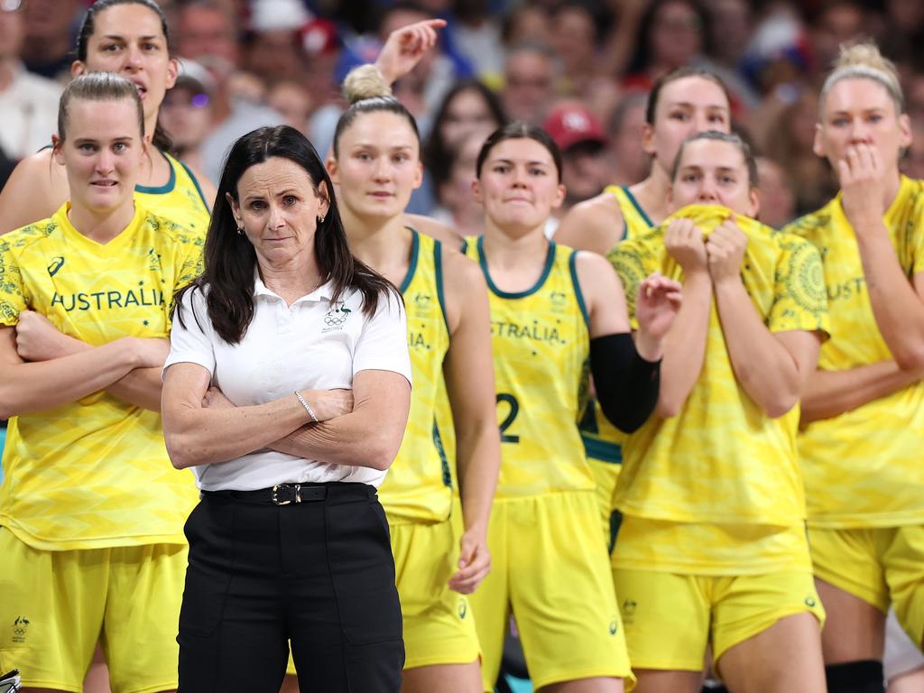 Sandy Brondello and the Opals bench watch on. Picture: Getty Images