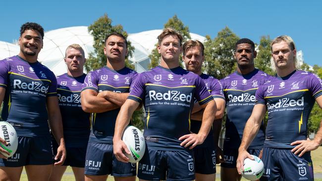 The Storm leadership group of Eli Katoa, Josh King, Jahrome Hughes, Harry Grant, Cameron Munster, Tui Kamikamica and Ryan Papenhuyzen.