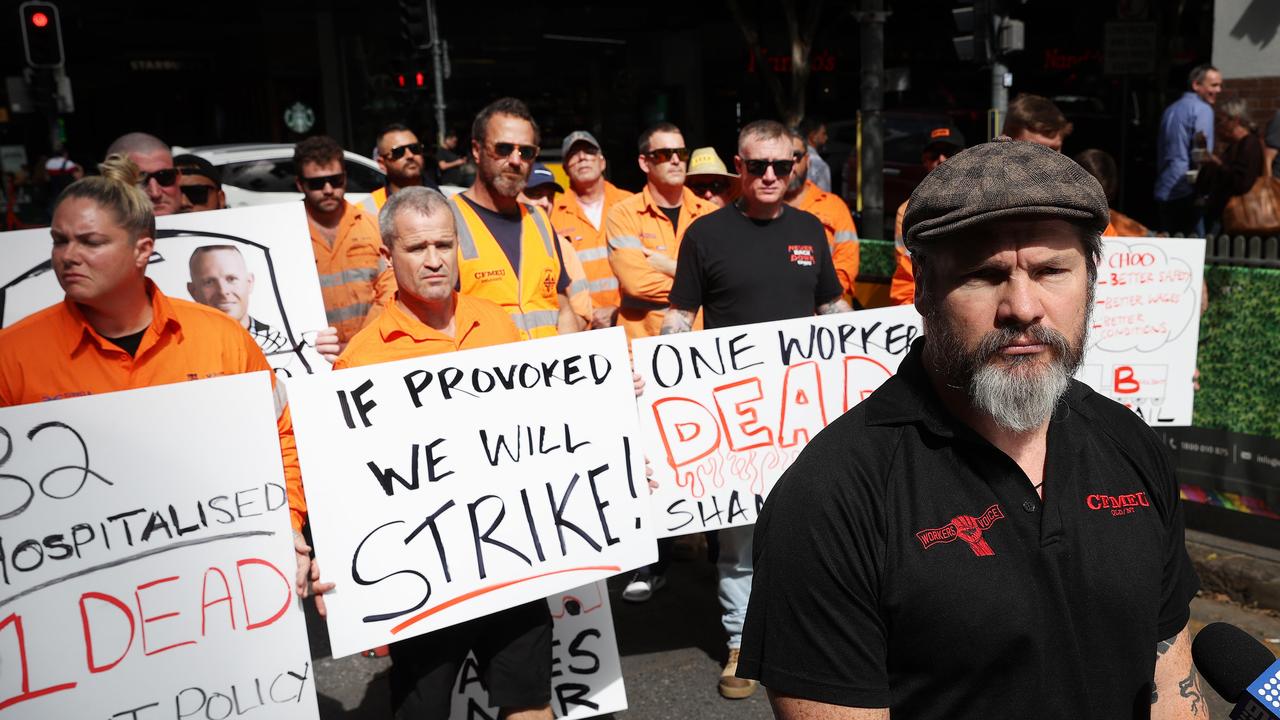 CFMEU’s Jade Ingham during a media conference amid mass worker strikes in Brisbane. Picture: Liam Kidston