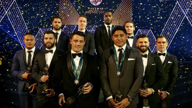 Team of the year Joseph Leilua, James Tedesco, Jesse Bromwich, James Maloney, Top try soccer Suliasi Vunivalu, Top point scorer Jarrod Croker, Josh Mansour, Cameron Smith with Dally M winners Cooper Cronk and Jason Taumalolo at the Dally M Awards night at The Star, Pyrmont. Picture: Gregg Porteous