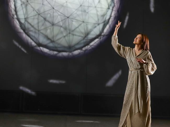 ACMI Light - Olafur Eliasson's Stardust Particle - a striking hanging sculpture that will form part of ACMI's Light: Works from the Tate exhibition, which opens on June 16.  Aisya from People Agency, wearing Diida. Picture: Tim Carrafa.To run on Wednesday June 15 to point to the opening. Please file before 2.30pm news conference, if possible. And please credit fashion label DIDA in the caption. Artwork: https://www.tate.org.uk/art/artworks/eliasson-stardust-particle-t15131
