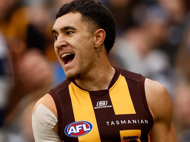 MELBOURNE - APRIL 10: Tyler Brockman of the Hawks rues a missed shot on goal during the 2023 AFL Round 04 match between the Geelong Cats and the Hawthorn Hawks at the Melbourne Cricket Ground on April 10, 2023 in Melbourne, Australia. (Photo by Michael Willson/AFL Photos via Getty Images)