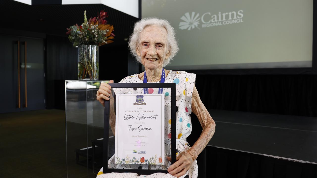 Philanthropist Joyce Swinton received the Lifetime Achievement Award at the Cairns Citizen of the Year Awards, held at the Cairns Performing Arts Centre. Picture: Brendan Radke