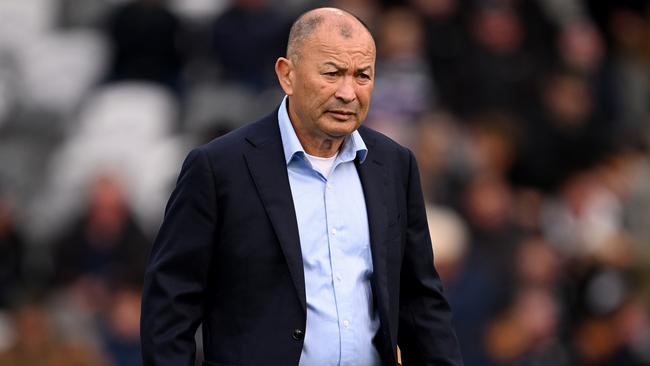 DUNEDIN, NEW ZEALAND - AUGUST 05: Coach Eddie Jones of Australia looks on ahead of The Rugby Championship & Bledisloe Cup match between the New Zealand All Blacks and the Australia Wallabies at Forsyth Barr Stadium on August 05, 2023 in Dunedin, New Zealand. (Photo by Joe Allison/Getty Images)