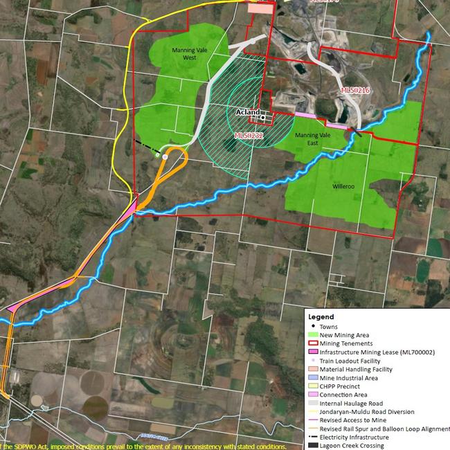 Maps of the proposed Stage Three expansion of the New Acland Coal Mine. The area is green shows the new coal pits. The town of Acland is in the centre.