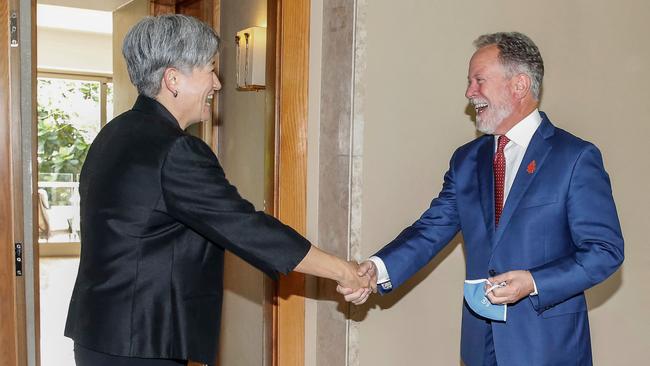 Penny Wong shakes hands with David Beasley during a bilateral meeting on the sideline of G20 Foreign Minister Meeting in Bali on July 7. Picture: AFP