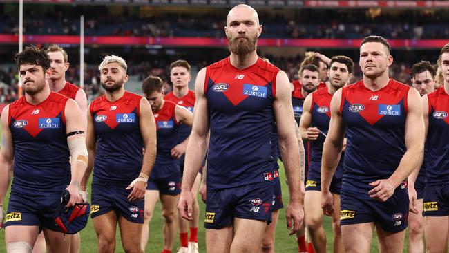 MELBOURNE . 09/09/2022. AFL. 2nd Semi Final. Melbourne vs Brisbane Lions at the MCG.   Skipper Max Gawn leads the Demons off the MCG after losing to Brisbane    . Picture by Michael Klein