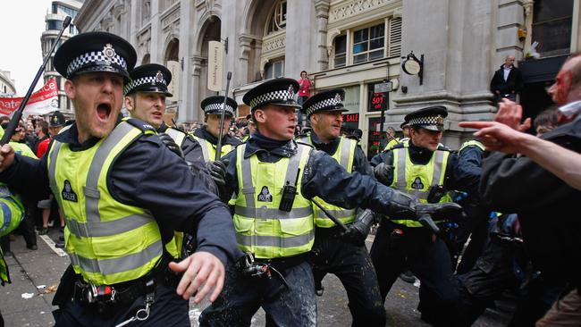 In 2009, police clashed with protesters who marched through London demanding action on poverty, climate change and jobs ahead of the G20 summit. Picture: Jeff J Mitchell