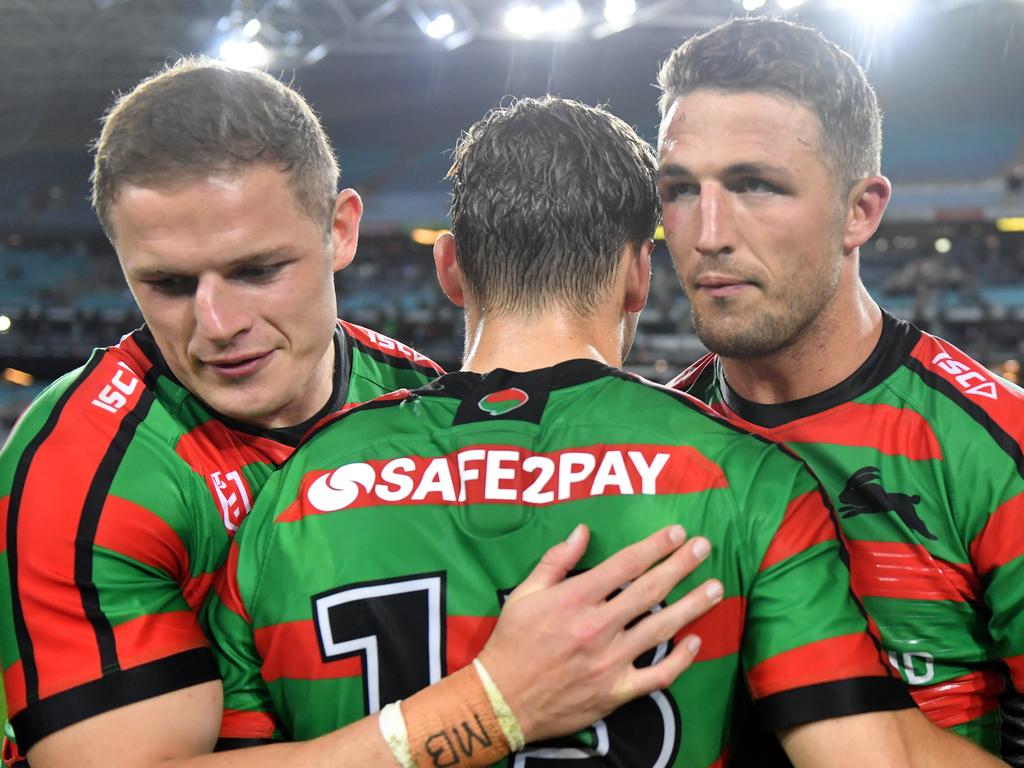 George Burgess (left) and Sam Burgess (right) playing for the Rabbitohs in 2019. Picture: AP Image/Dean Lewins