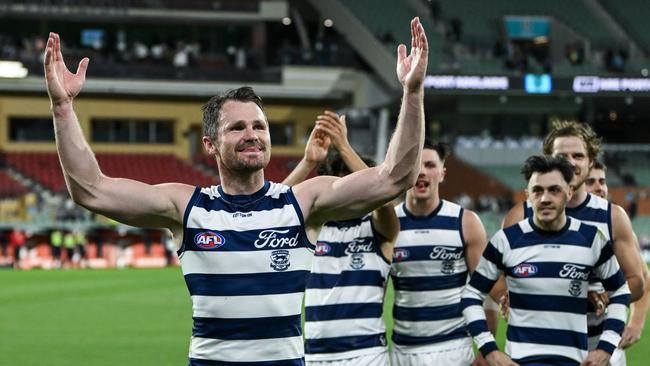 Patrick Dangerfield of the Cats leads his team off after a win in the 2024 finals series. Picture: Mark Brake/Getty Images