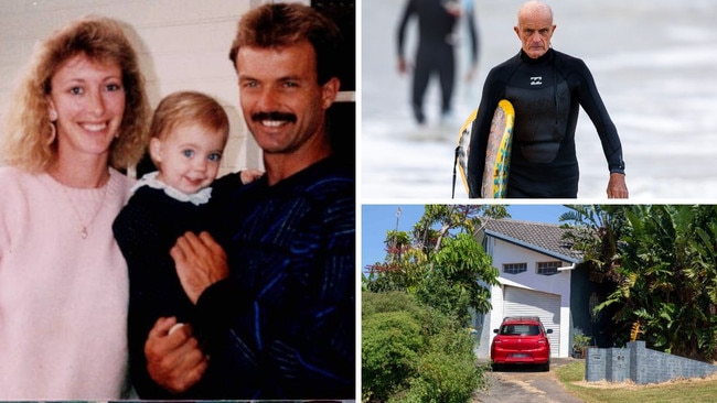 Bronwyn and Jon Winfield and their daughter Lauren; Jon Winfield surfing at Sharpes Beach, Skennars Head, last Wednesday; the matrimonial home of Bronwyn and Jon Winfield. Picture: Liam Mendes