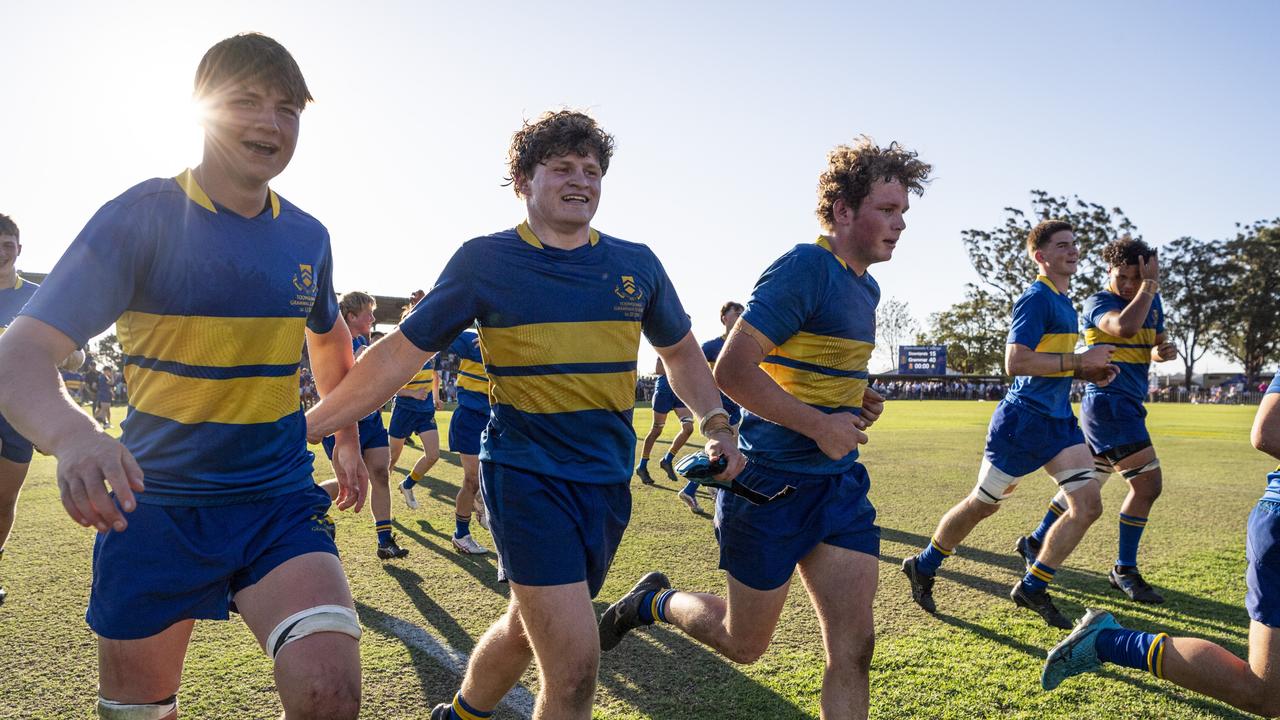 Grammar First XV meet the student body after defeating Downlands to claim the O'Callaghan Cup. Picture: Kevin Farmer