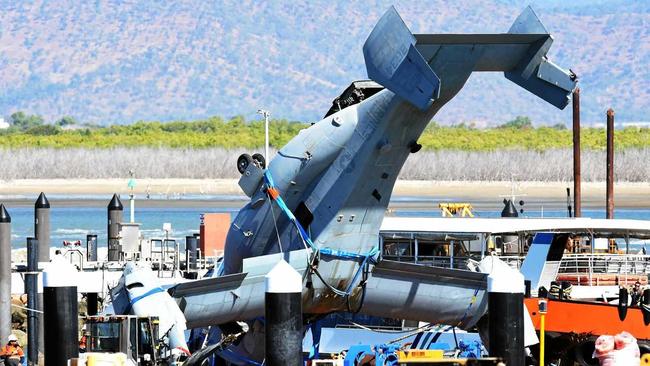 The Osprey that crashed off Shoalwater Bay near Rockhampton has been shipped to Townsville. Picture: Zak Simmonds