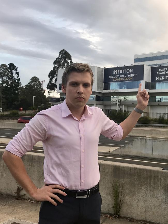 Ryde Liberal councillor Jordan Lane standing out the front of 112 Talavera Rd, Macquarie Park, where Meriton is proposing a large-scale development.