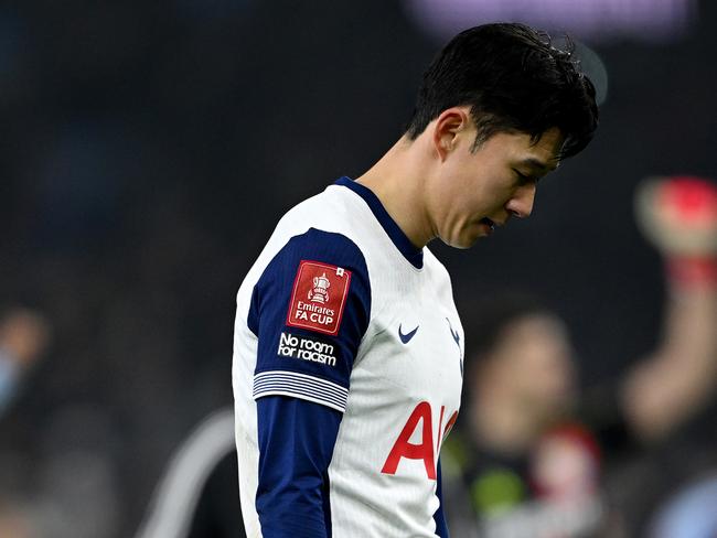 Dejected Tottenham captain Son Heung-min reflects on his side’s FA Cup exit at Villa Park. Picture: Shaun Botterill/Getty Images