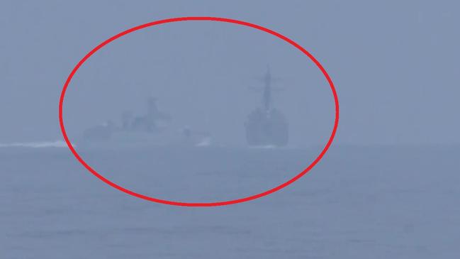 The close call brought the warships within 140m of each other. Picture: Twitter/Global News