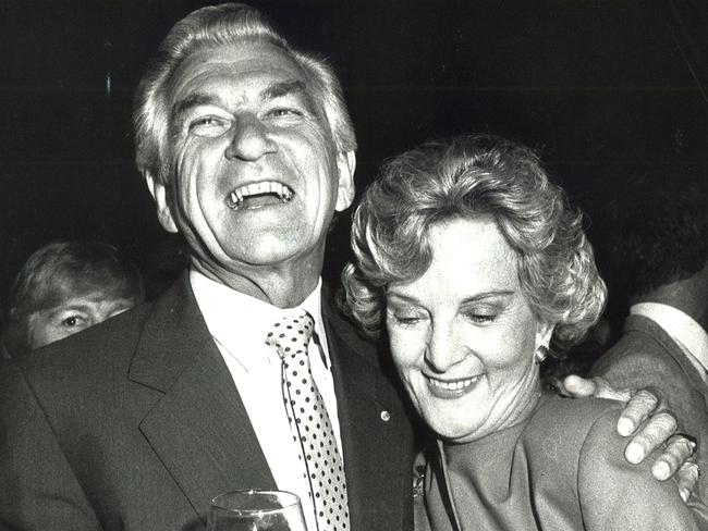 Bob Hawke shares a laugh with his first wife Hazel Hawke on election day in 1990. Picture: Colin Bull