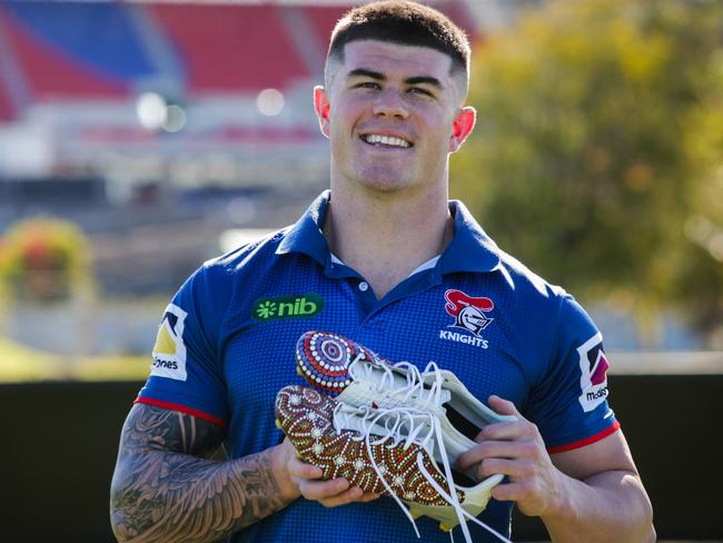 WARNING. WEEKEND TELEGRAPHS SPECIAL.  MUST TALK WITH PIC ED JEFF DARMANIN BEFORE PUBLISHING  After 21 years, NRL star Bradman Best, pictured here with Owen Cragie (left) at the Newcastle Knights Centre of Excellence, Broadmeadow,  found the missing puzzle piece to his life. He  had no idea he was Indigenous.  Picture Liam Driver