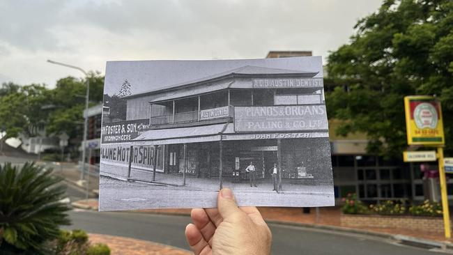 A then and now from the Fiveways of John Fosters Store in the early 1900s and today 2024 now the home of Love This Furniture &amp; Decor Gympie. Picture: Mal Dodt