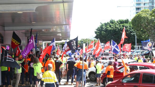 A large crowd of construction worker union members has met at Senator Nita Green's office on Lake St. Picture: Peter Carruthers