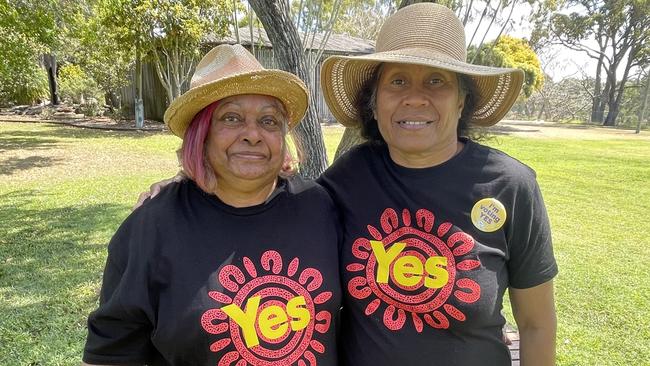 In her speech Gooreng Gooreng Elder Aunty Julie Appo (left, with Yidinji woman Leonie Joseph) thanked the crowd for unifying behind the Voice proposal.