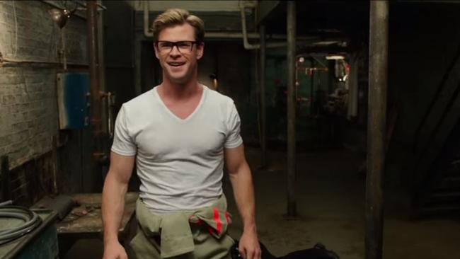 Chris Hemsworth in a scene from Ghostbusters. He even makes nerdy look hot.