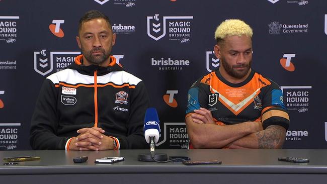 Benji Marshall and Api Koroisau were dejected after the Tigers' defeat.