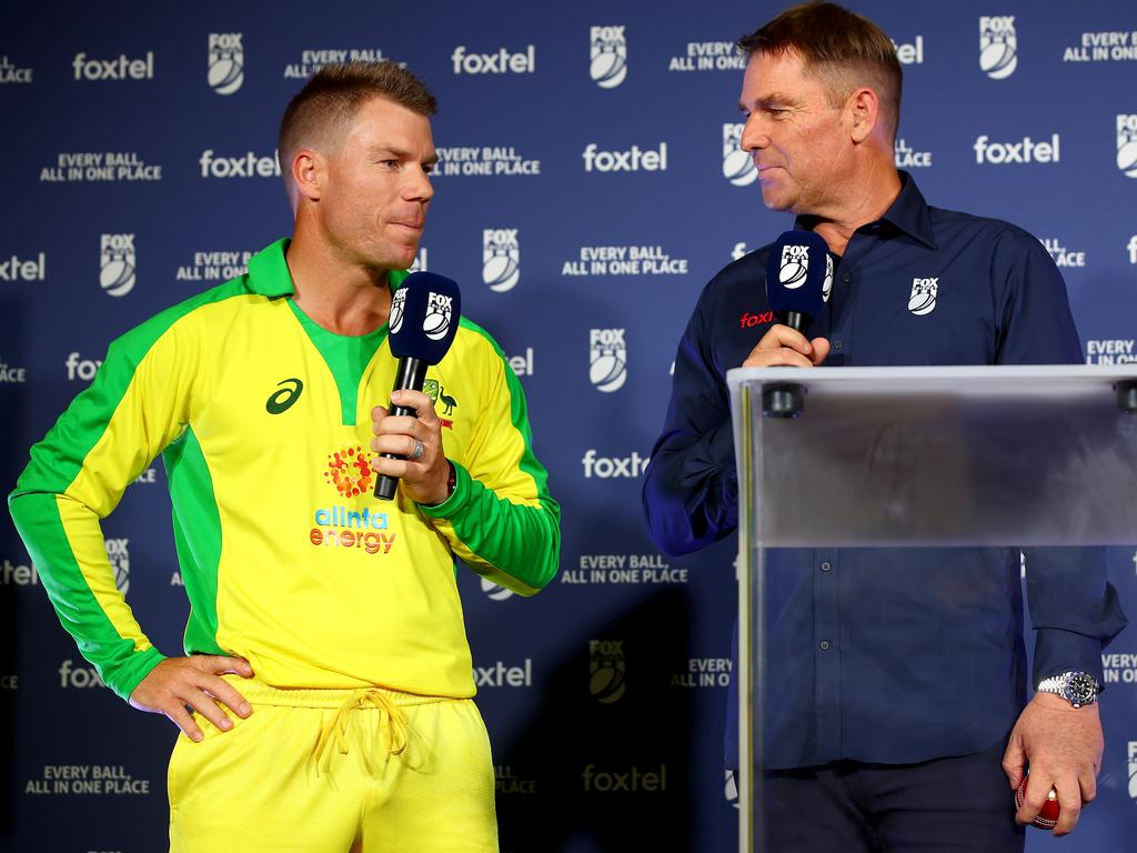 Dave Warner and Shane Warne. Picture: Toby Zerna