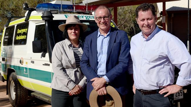 Mental Health Minister Leesa Vlahos, Premier Jay Weatherill and Health Minister Jack Snelling in APY Lands on Monday for country Cabinet. Picture: Naomi Jellicoe