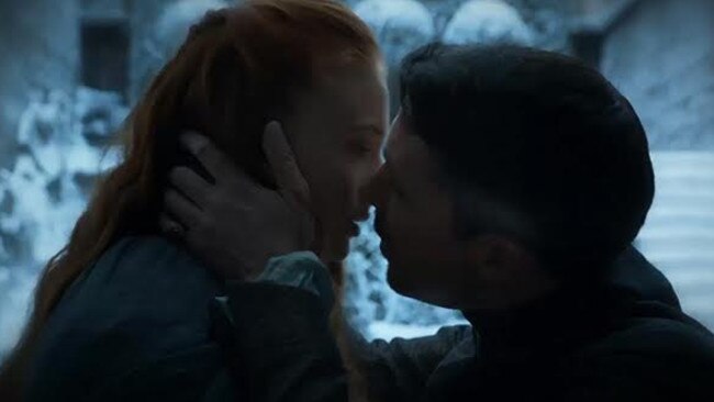 Steamy scene ... a flashback to Sansa (Sophie Turner) and Petyr Baelish (Aidan Gillen) kissing. Picture: HBO