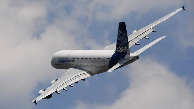 An Airbus A380 during a flying display at the International Paris Air Show in Le Bourget outside Paris in 2017. Picture: AFP 