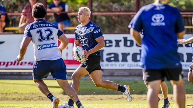 North Queensland Cowboys winger Murray Taulagi trains with his new look haircut during the 2024 NRL pre-season. Picture: Alix Sweeney / Cowboys Media