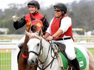 Jockey Michael Hellyer enjoys his winning ride aboard Westover in The Queensland Times Maiden Plate at the Ipswich racetrack. Picture: Rob Williams