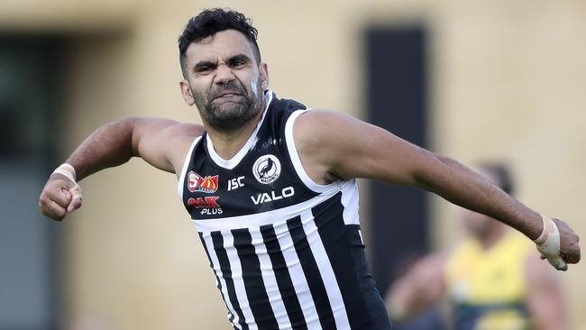 Port Adelaide’s Lindsay Thomas celebrates kicking a goal against Woodville-West Torrens at Alberton Oval on Saturday.                             Picture SARAH REED