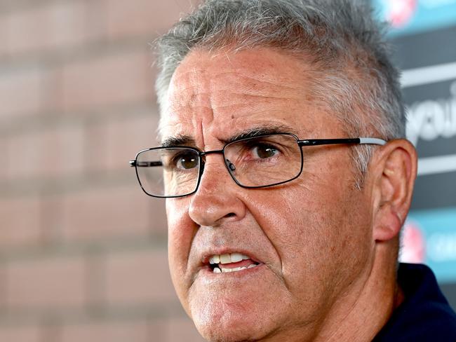 BRISBANE, AUSTRALIA - FEBRUARY 10: Lions Coach Chris Fagan speaks during a media opportunity before a Brisbane Lions Intra Club Trial Match at Brighton Homes Arena on February 10, 2023 in Ipswich, Australia. (Photo by Bradley Kanaris/Getty Images)