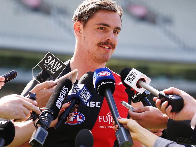 MELBOURNE, AUSTRALIA - MARCH 15: Joe Daniher of the Bombers speaks to media during the AFL 2019 Captain's Day at Marvel Stadium on March 15, 2019 in Melbourne, Australia. (Photo by Michael Dodge/Getty Images)