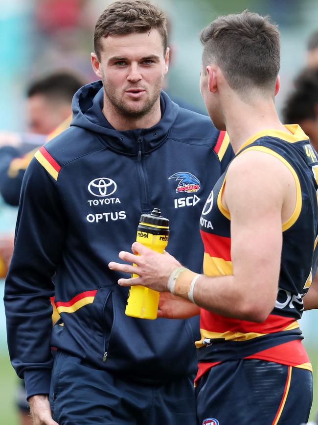 Brad Crouch holds his injured hamstring. Picture: Sarah Reed