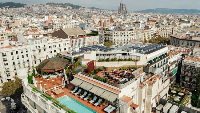 A view of the rooftop with the Sagrada Familia in the background.