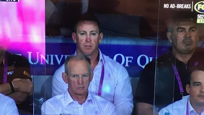 Gee (top right) was spotted in Brisbane’s coaches’ box on Sunday.