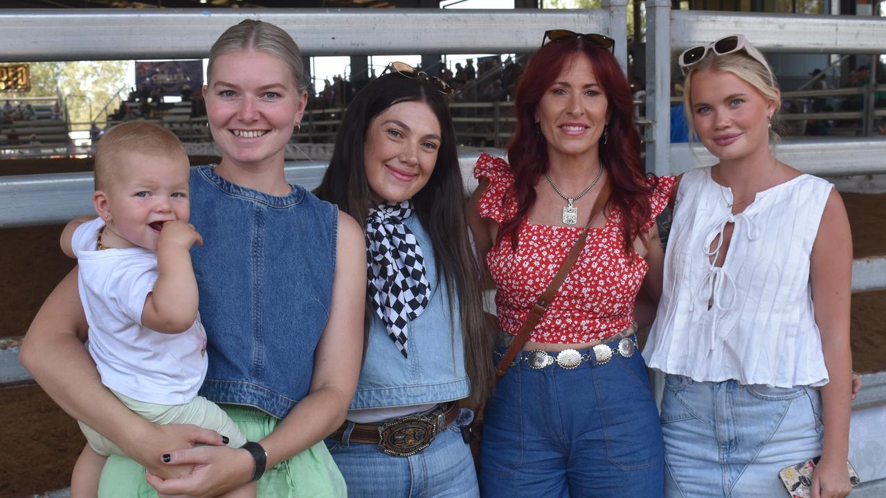 Tanika and Kayda Mellers with Bec Blandford, Jody Ruhland and Matilda Cutler at the APRA National Finals Rodeo at CQLX Gracemere on November 9, 2024.