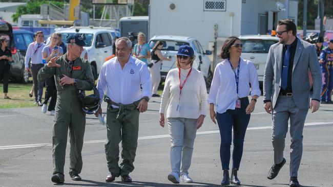 Pilot Stephen Gayle, Gold Coast Mayor Tom Tate, former Major Events Gold Coast CEO Jan McCormick, Qld Airports Ltd CEO Amelia Evans and Pacific Airshow Director Kevin Elliott at the Welcome Ceremony for the Pacific Airshow weekend. Picture: Glenn Campbell