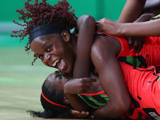 GOLD COAST, AUSTRALIA - APRIL 08:  Malawi celebrate winning the Netball match between New Zealand and Malawi on day four of the Gold Coast 2018 Commonwealth Games at Gold Coast Convention Centre on April 8, 2018 on the Gold Coast, Australia.  (Photo by Chris Hyde/Getty Images)