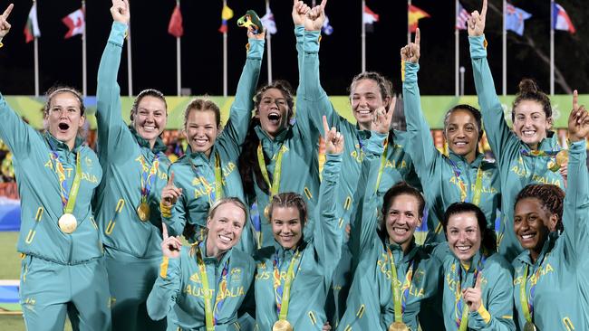 Gold medallists Australia celebrate after the women’s rugby sevens medal ceremony during the Rio 2016 Olympic Games. Picture: Philippe Lopez/AFP