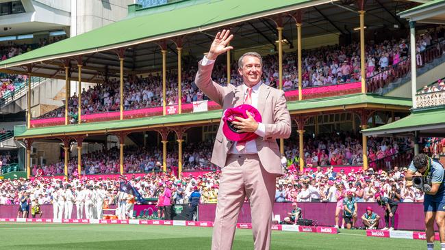 Aussie cricket legend Glen McGrath waves to the crowd at day three of Australia vs. India Test Match. Picture: Thomas Lisson