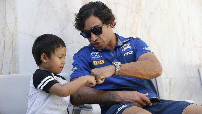 Mataio Nandy meets Cowboys co-captain Johnathan Thurston at Cairns Hospital. Picture: Anna Rogers