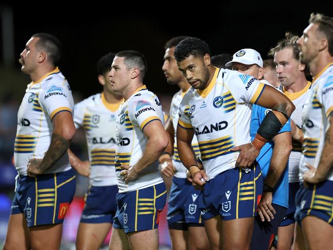 SYDNEY, AUSTRALIA - MARCH 16:  Mitchell Moses and Waqa Blake of the Eels look on after a Sea Eagles try during the round three NRL match between Manly Sea Eagles and Parramatta Eels at 4 Pines Park on March 16, 2023 in Sydney, Australia. (Photo by Cameron Spencer/Getty Images)